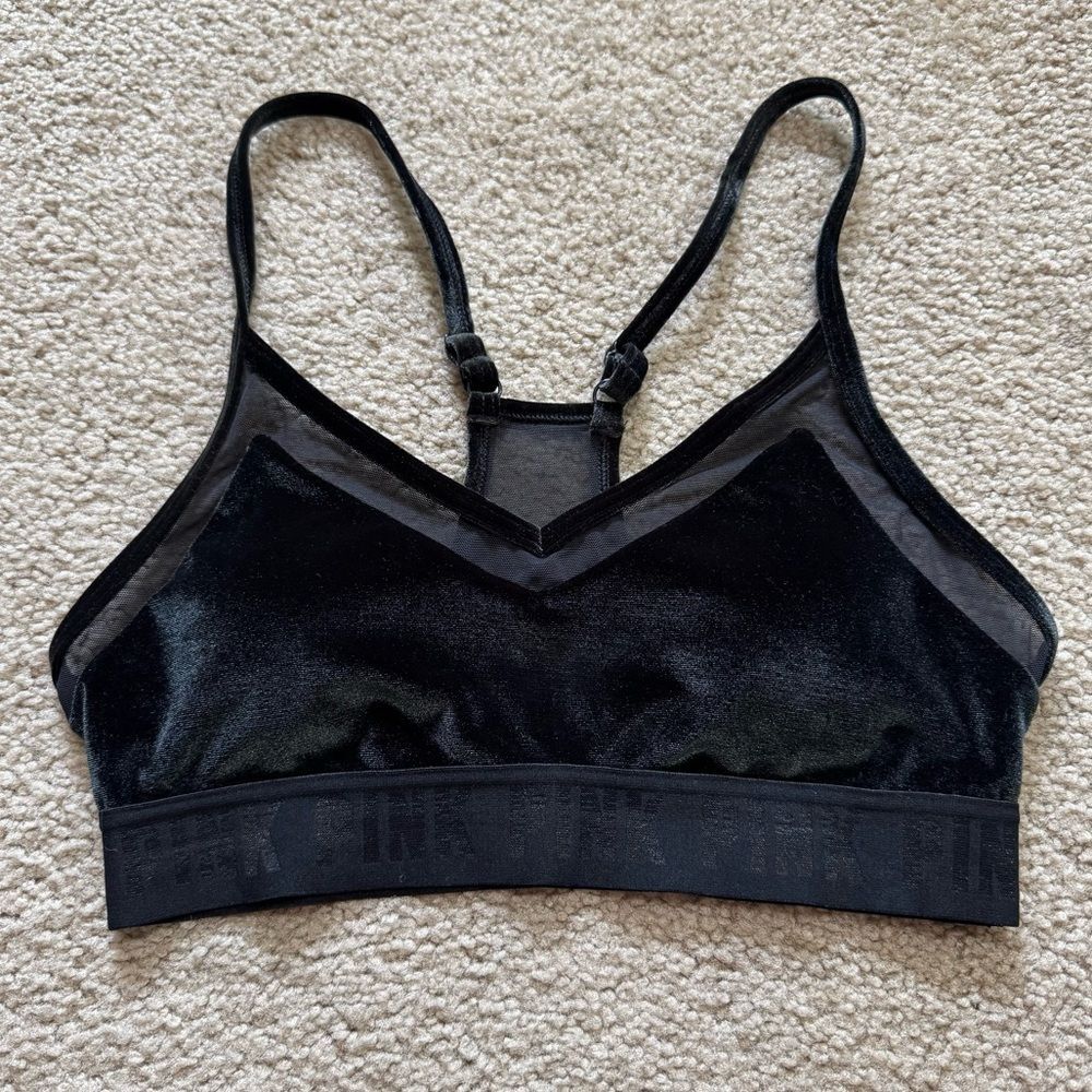 PINK Sport Ultimate Lightly Lined sports bra, black velvet velour, size small